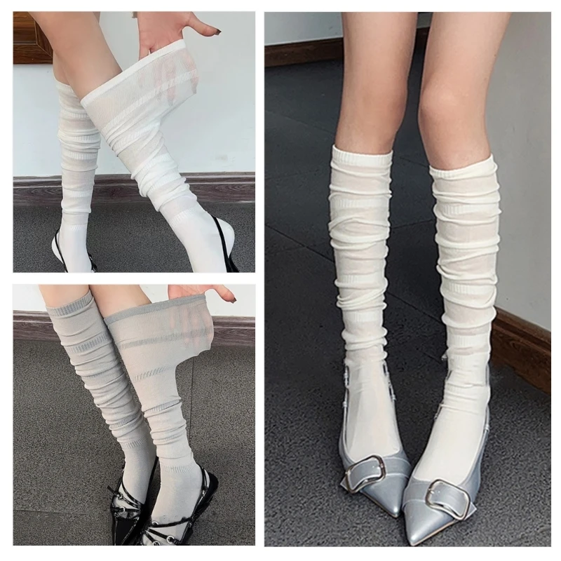 Women Thin Striped Over Knee Socks Solid Color Scrunch Pleated Long Stockings X4YC