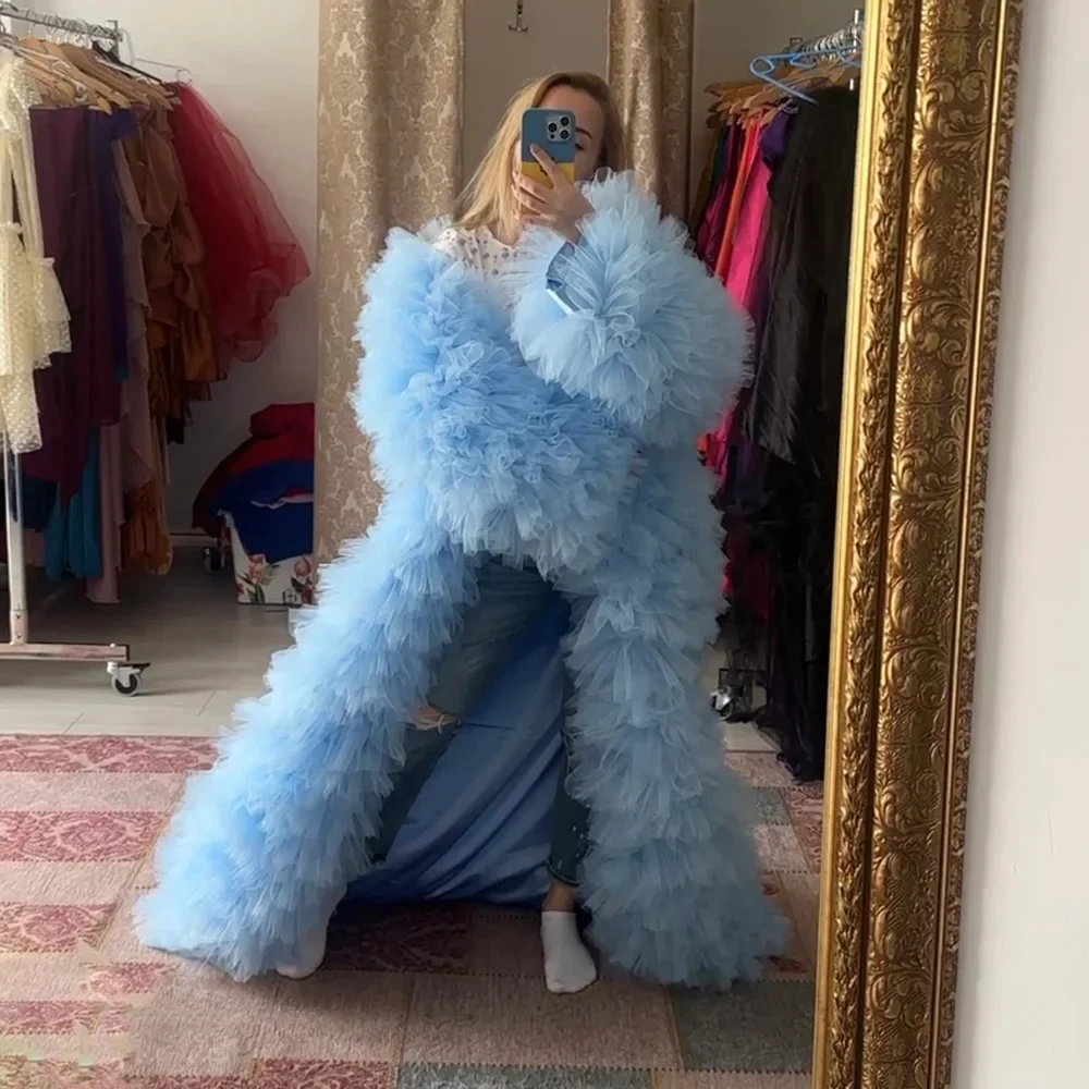 

Baby Sky Blue Tulle Coat Dress Ruffled Multi-Layered Birthday Prom Gowns Full Sleeves Robe Women Jackets Extra Fluffy