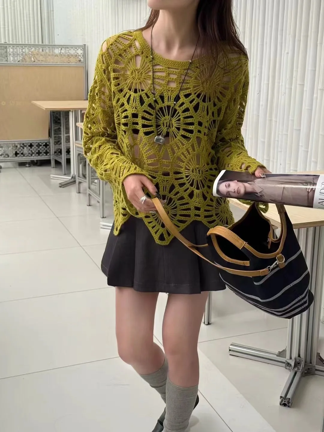 

Модный круглый вязаный свитер Ne, женский ажурный вязаный крючком 00 шерсть, ранняя осень, новый корейский свитер Pure Desire