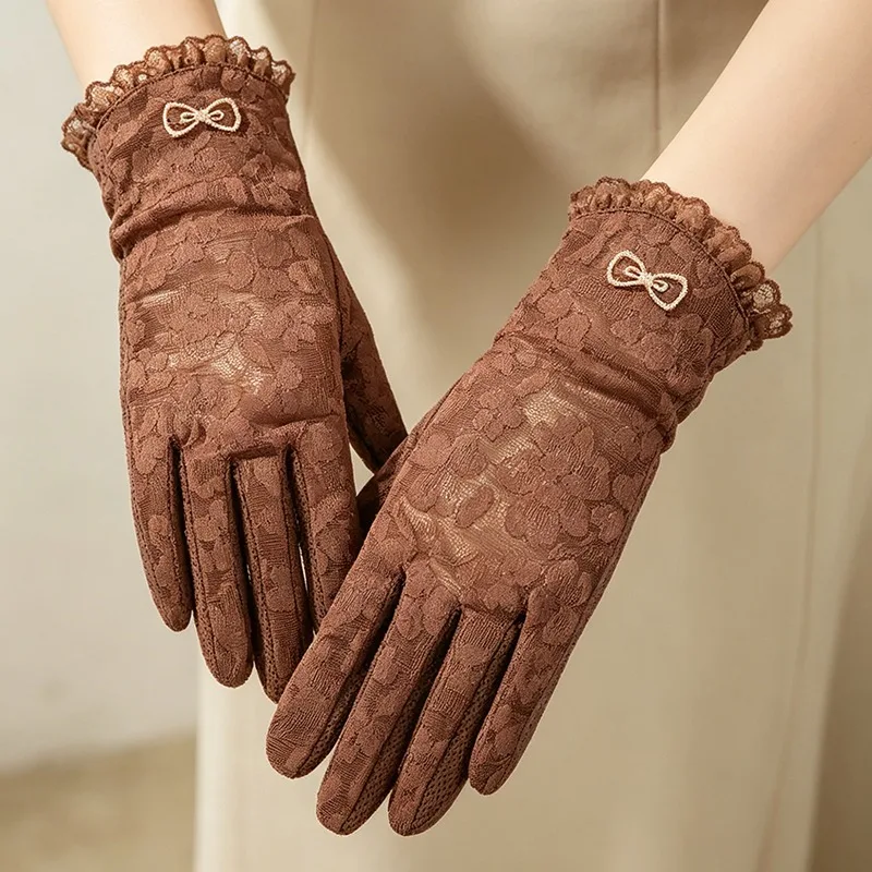 Summer Women Sun Protection Gloves Breathable Jacquard Anti-slip Thin Elasticity Transparent Flowers Cute Sweety Driving Wedding