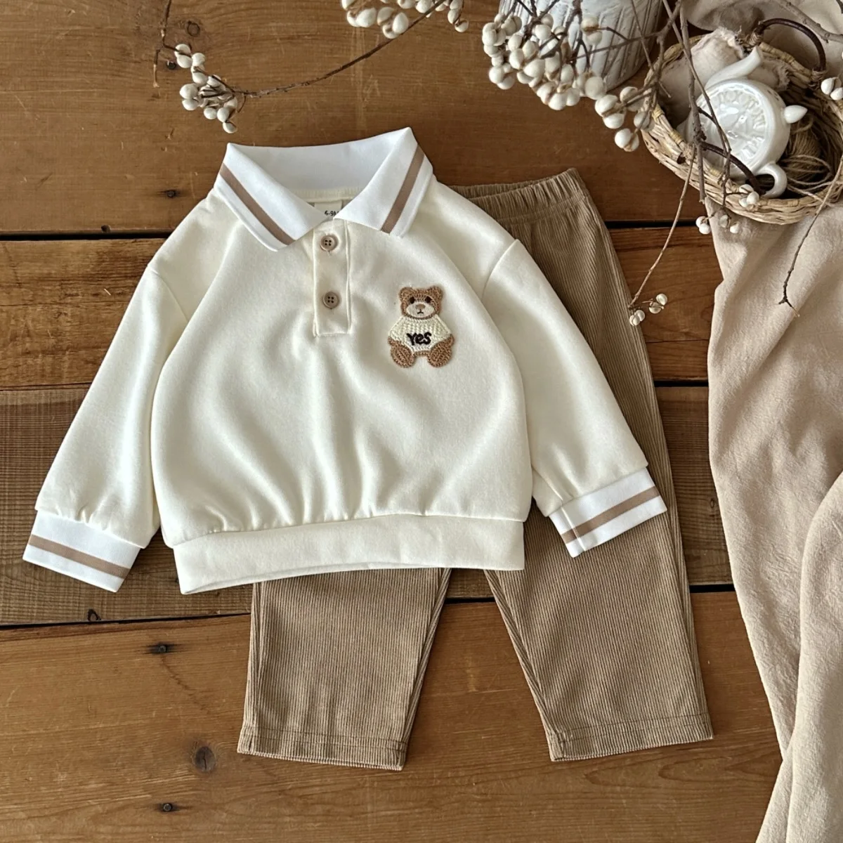 Infant Unisex Cute Bear Embroidery Polo Top Corduroy Pants Outfit Kids Boys Girls Spring Autumn 2Pcs Clothing Set