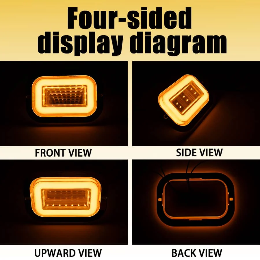 Set of 2 rectangular halo brake/turn/tail and reverse flatbed truck trailer rear lights, LED lights, with high and low brightnes