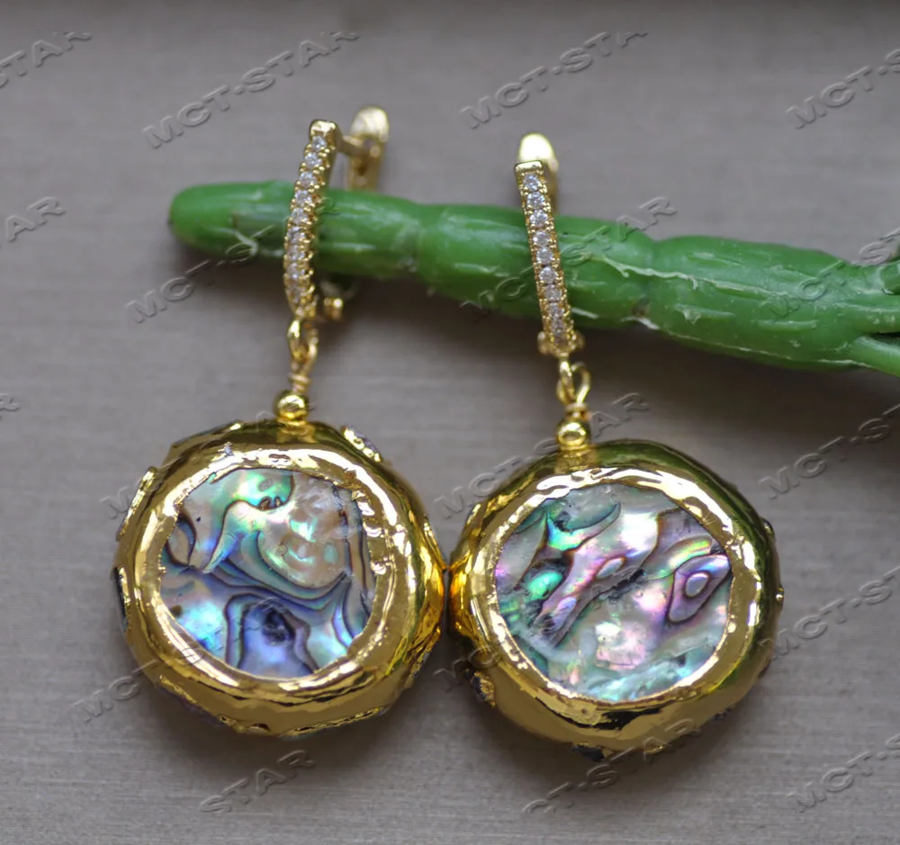 MTC·STAR  Z12613 25mm Golden Peacock Abalone Shell Gold-Plated Dangle Earring CZ