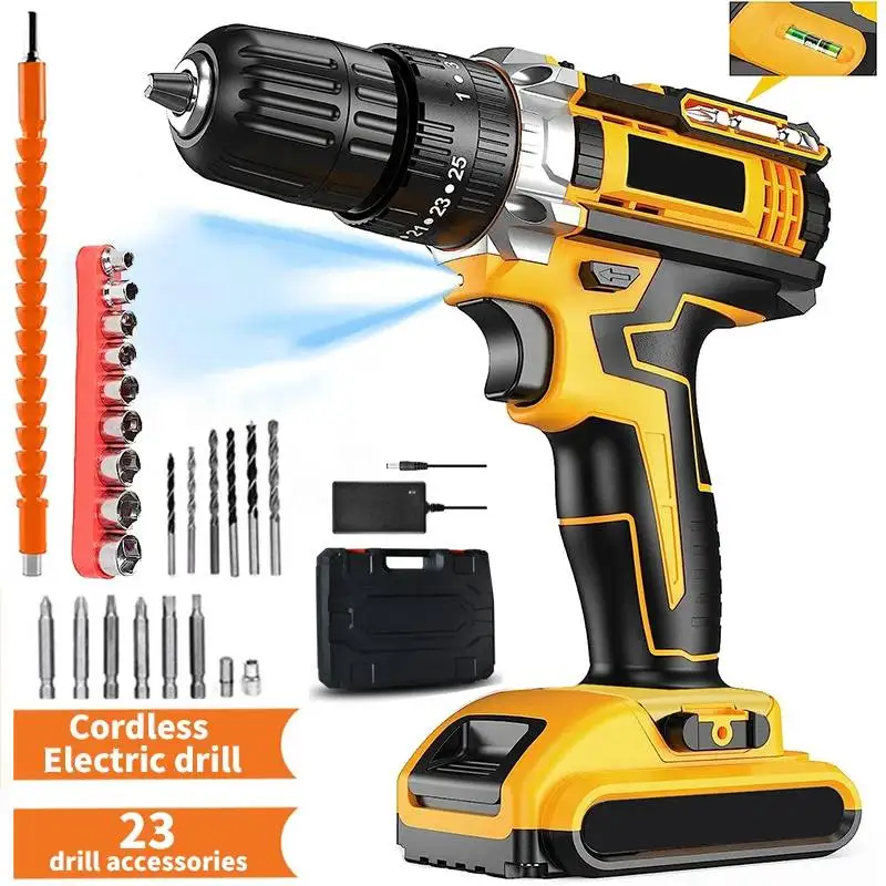 

3/8" Pistol Impact Drill with 23pcs Drill Set Cordless Brushed Electric Hand Drill Rechargeable Electric Screwdriver Power Tool