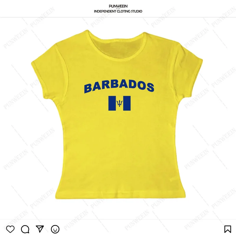 2000年代サマーバルバドスレタープリント半袖TシャツY2Kヴィンテージセクシースリムクロップトップス女性クラブクロップドコルセットイエローTシャツ
