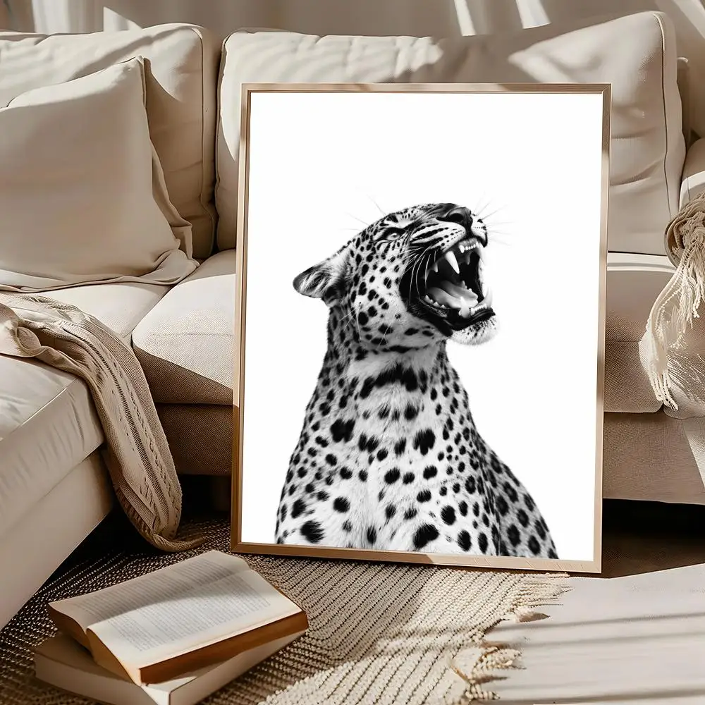 Fashion Leopard Roar Wall Art Stylish Black White Animal Print  Modern Home Decor Poster