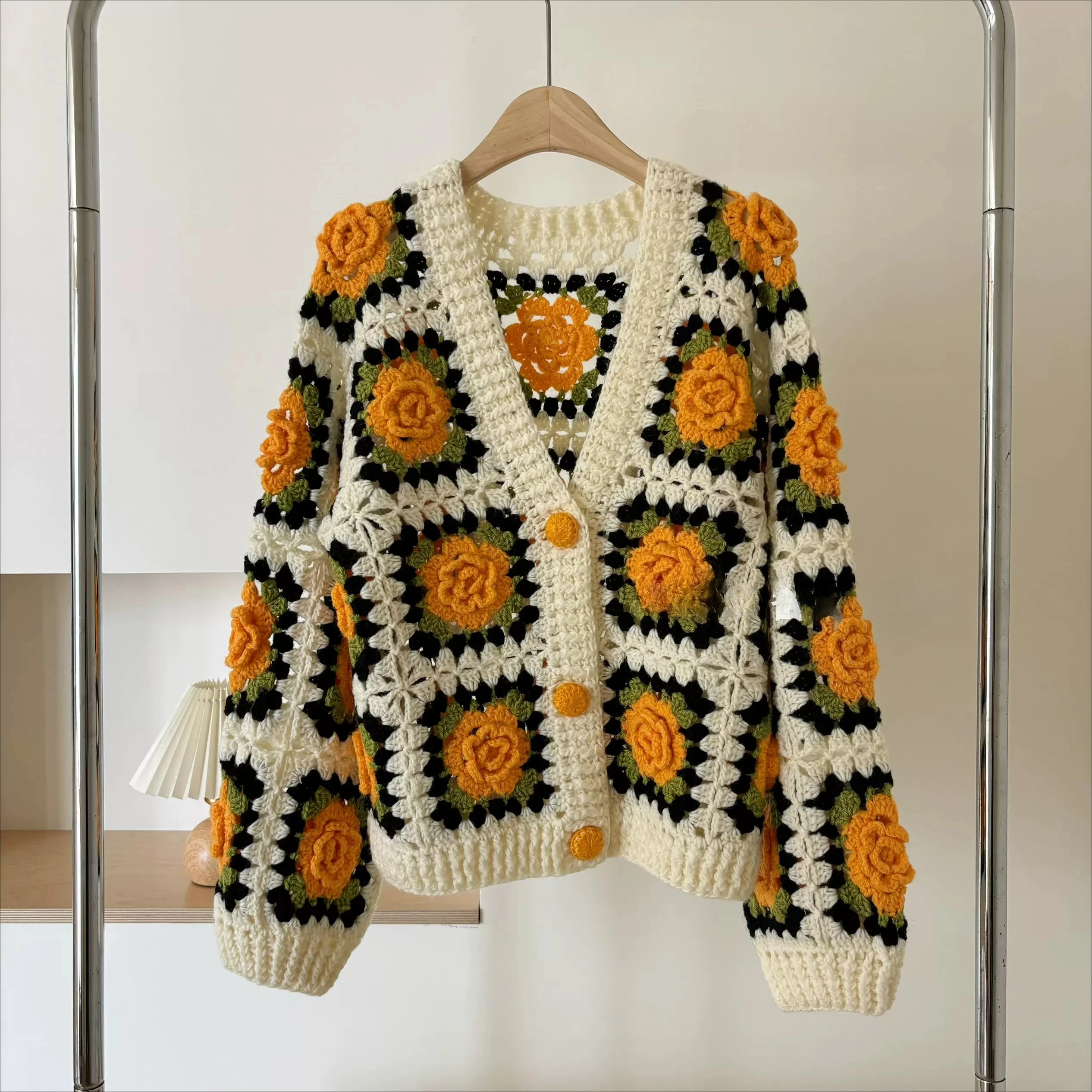Handmade Sunflower Crochet Cardigan Vintage Granny Square Knit Sweater 3D Floral Boxy Cropped Jacket
