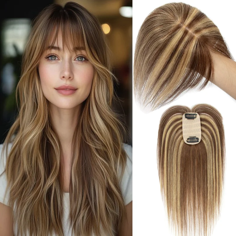 Real Human Hair Toppers for Women 5x9cm Clip in Fringe 100% Real Hair Topper for Thinning Hairpiece  Medium Brown with Blonde