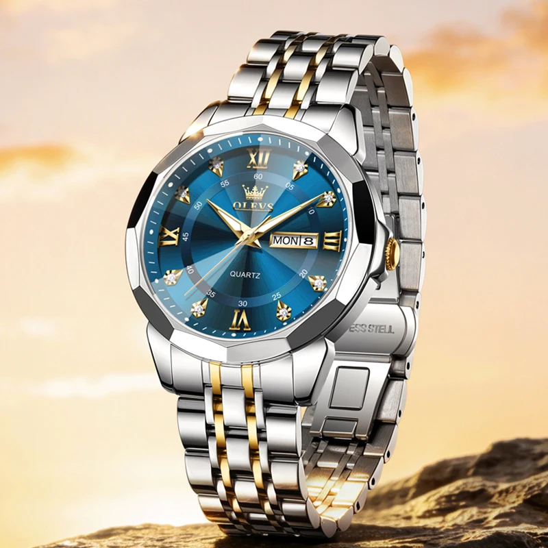 OLEVS Original Men's Watch Calendar Diamond Luxury Quartz Watches Waterproof Luminous Sports Diving Watches Man 3759 New Reloj