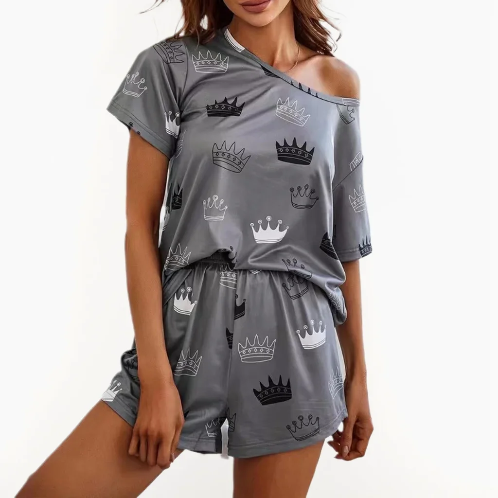 Women\'s Pajamas Set Sleepwear 2 PCS T-shirt And Shorts S M L Silvery Grey Ventilate Soft Casual Cartoon Cat Print