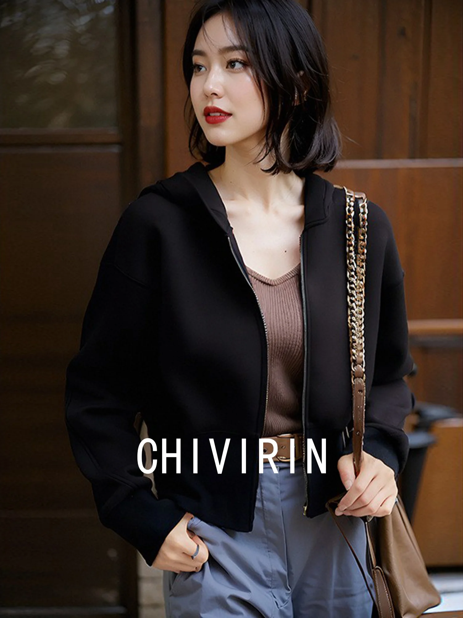 

Chivirin Premium Wine Red Zipper Hooded ort Jaet 2026 Autumn Winter New Sle Ele Versatile Casual Top for Women
