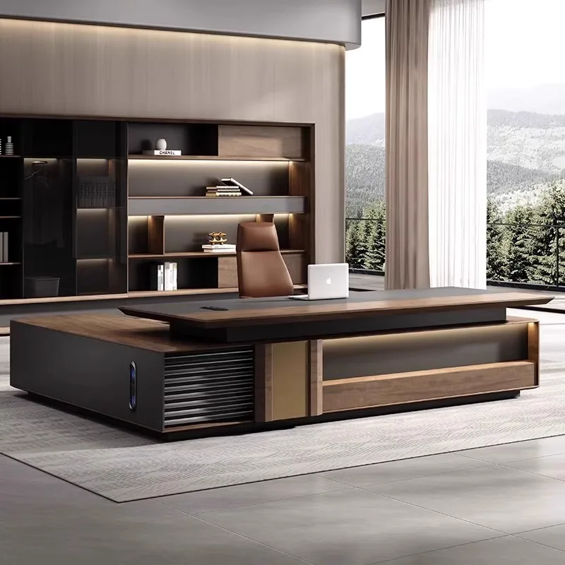 High-end desk boss table with side cabinet office table and chair combination set, president's desk office furniture