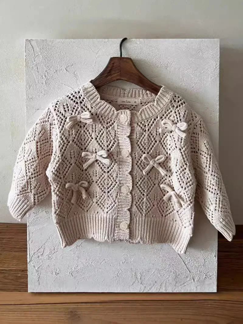 

2025 Autumn New Baby Long Sleeve Hollow Out Knitted Coat Solid Infant Girls Cute Bow Lace O-neck Cardigan Cotton Toddler Jacket