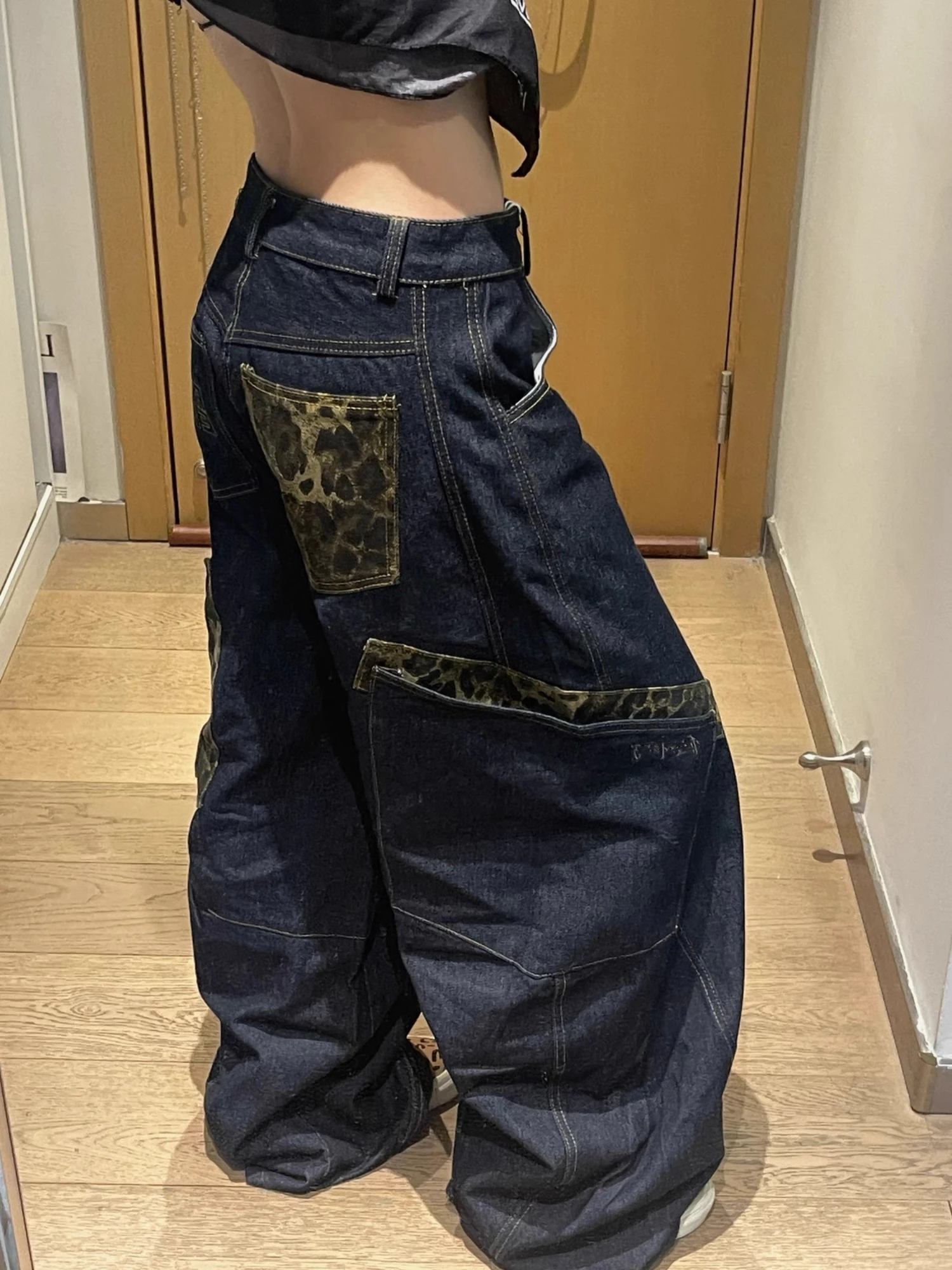 Retro American Workwear Denim Pants Women's Loose Wide Leg Knife  Patchwork Leopard Print Autumn Winter New Style Jeans
