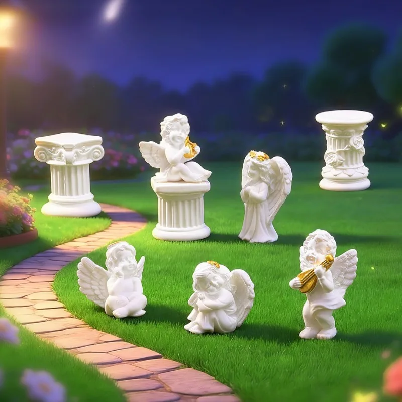 Resin Angel Figurines Mini Roman Column Statue Cupid Cherub Sculpture Micro Landscape Ornament Fairy Garden Home Desktop Crafts
