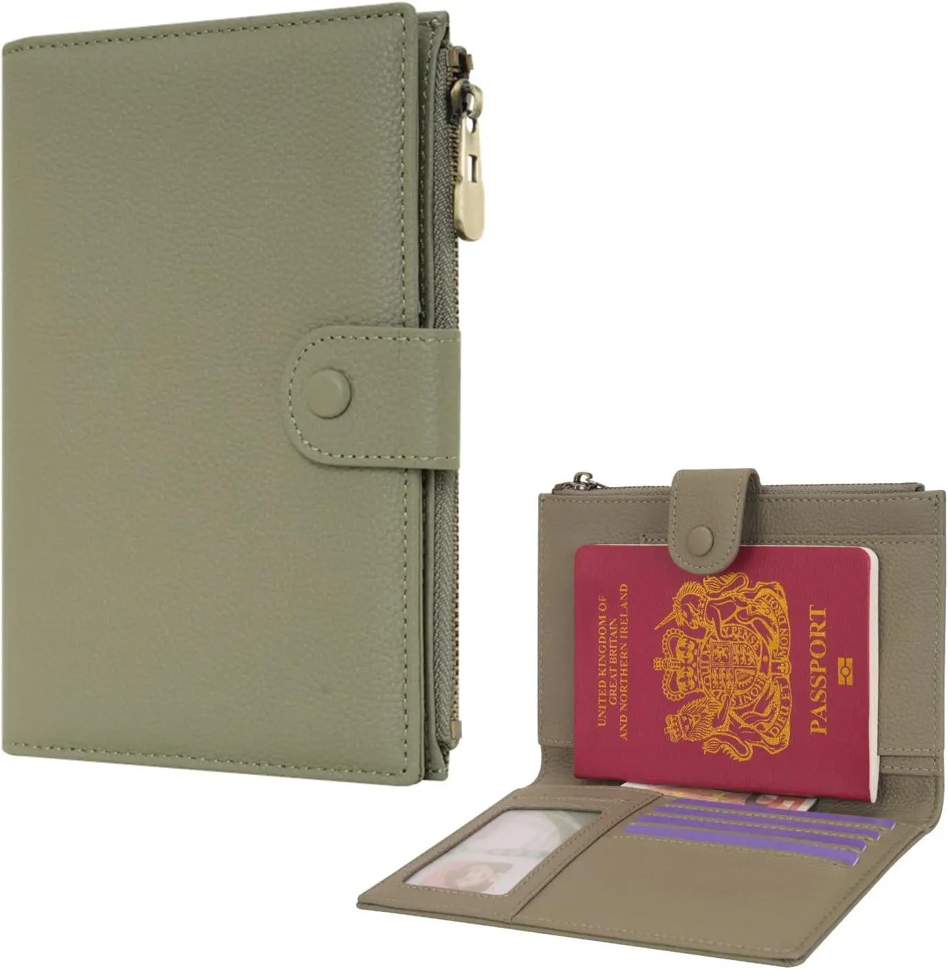 

Leather Passport Cover with RFID Blocking - Travel Wallet for ID, Boarding Pass, Cash, SD Card, Light Green
