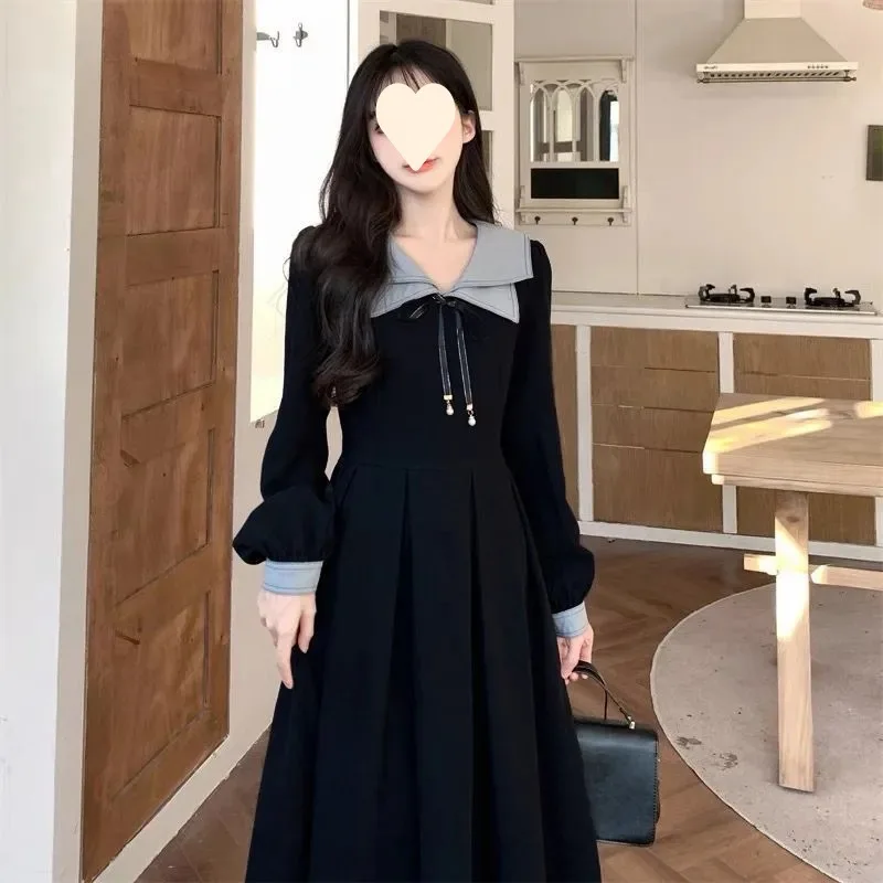 

High Waist A-Line Dress for plus Size Women College Style Autumn Winter Dress Long Sleeve Midi Dress Fashionable And Youthful