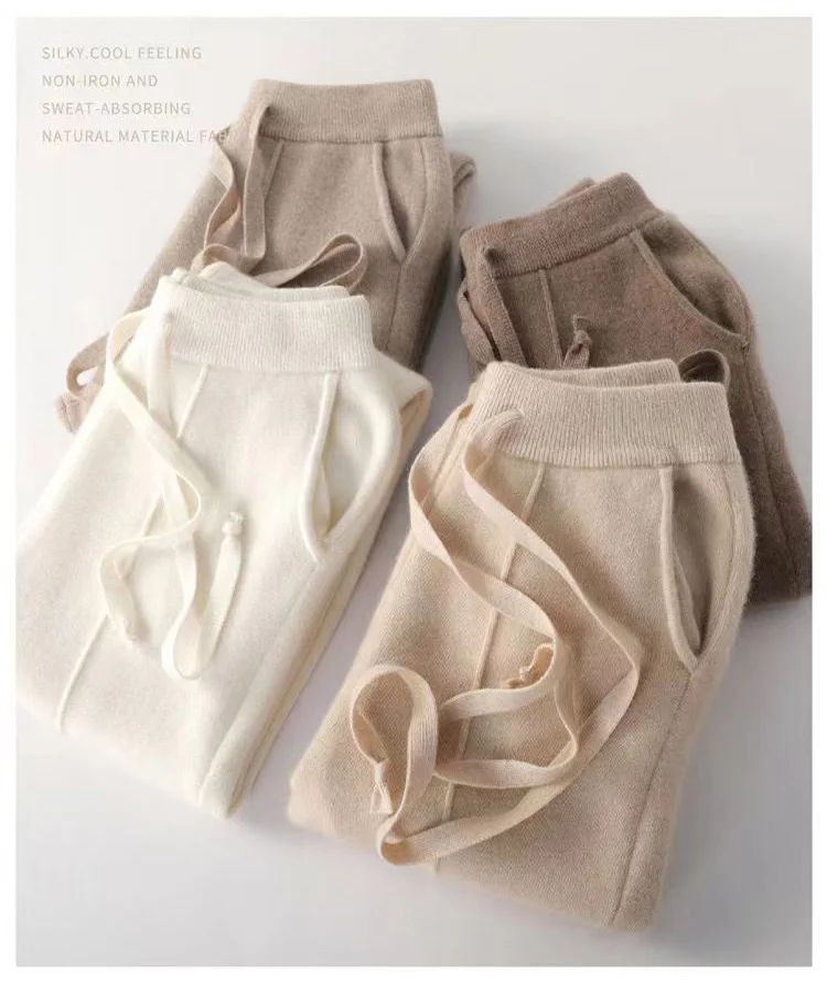 Women's 100% Pure Wool Slim Pants High Waist Autumn and Winter Cashmere Casual Knitted Pencil Pants Korean Thick Casual pants