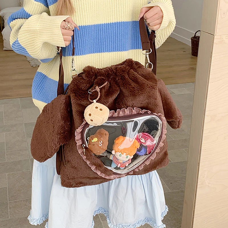 Ita Bag, Rucksack mit Klarsichtfenster, Damenmode-Plüsch-Umhängetasche mit Kordelzug, Leichte Schultasche mit großer Kapazität – Detail 17