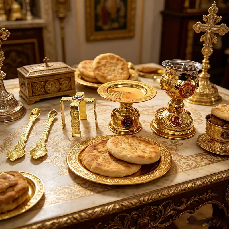 Orthodox Altar Set Gold Metal Chalice with Diskos Plate and Asterisk Star for Divine Liturgy Byzantine Church Supplies Gift