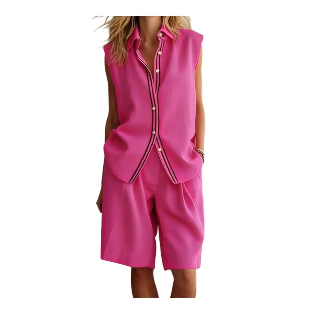 2026 Damenanzug Zweiteiliges Outfit Damen 2-teiliges Leinen-Set für Frauen Button-Down-Tanktop Shorts-Set Urlaubsoutfit Passende Sets