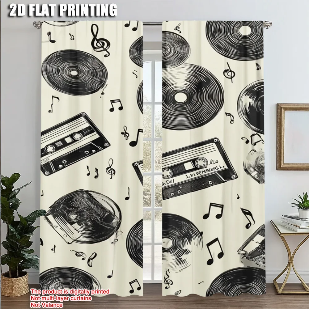 2pcs,2D plane printing Curtains Roller Blinds Nostalgia Music Versatile Fabric (without rod) Festive Use for Bedroom & Various