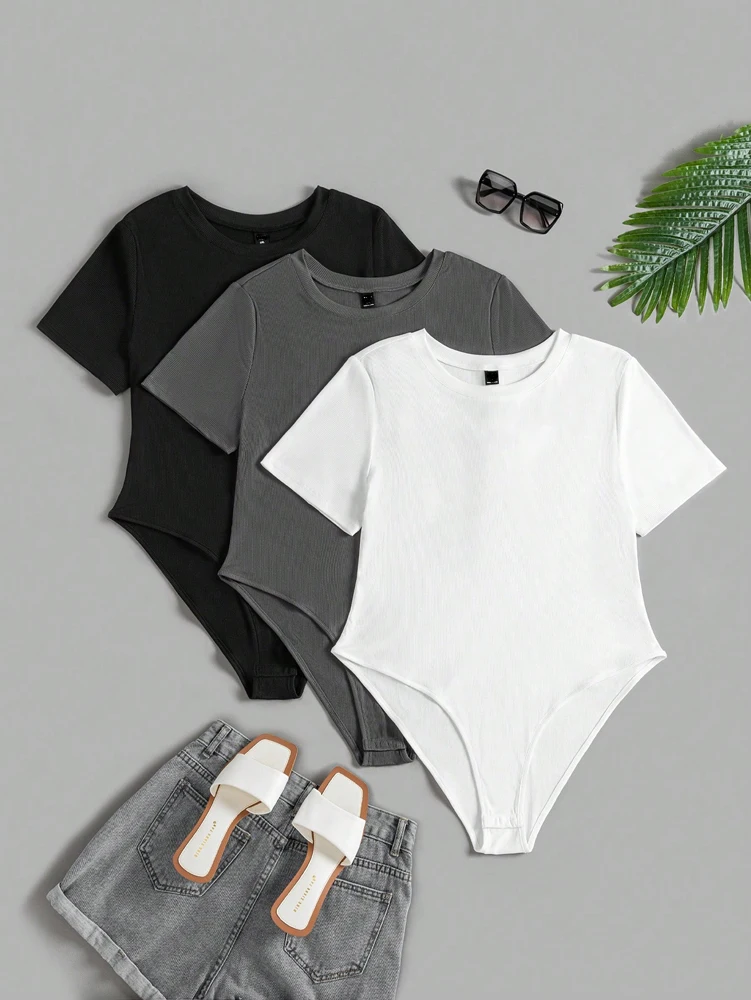 بذلة نسائية بمقاس كبير ورقبة دائرية وأكمام قصيرة (3 قطع) ملابس لليوجا بذلة رياضية للياقة البدنية في الهواء الطلق والشاطئ والصيف #2