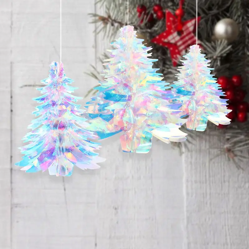 

3D Christmas Tree Decorations Shiny Film Ornaments Glitter Christmas DIY Iridescent Hanging Pendant Party Event Decor Suppliers