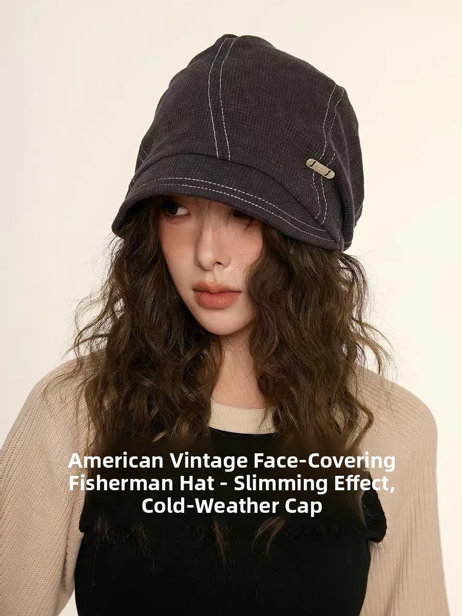 Retro American Fisherman Hat Women's Autumn Winter Black Street Casual Small Face Concealing Cap Warm Foldable Short Brim Hat