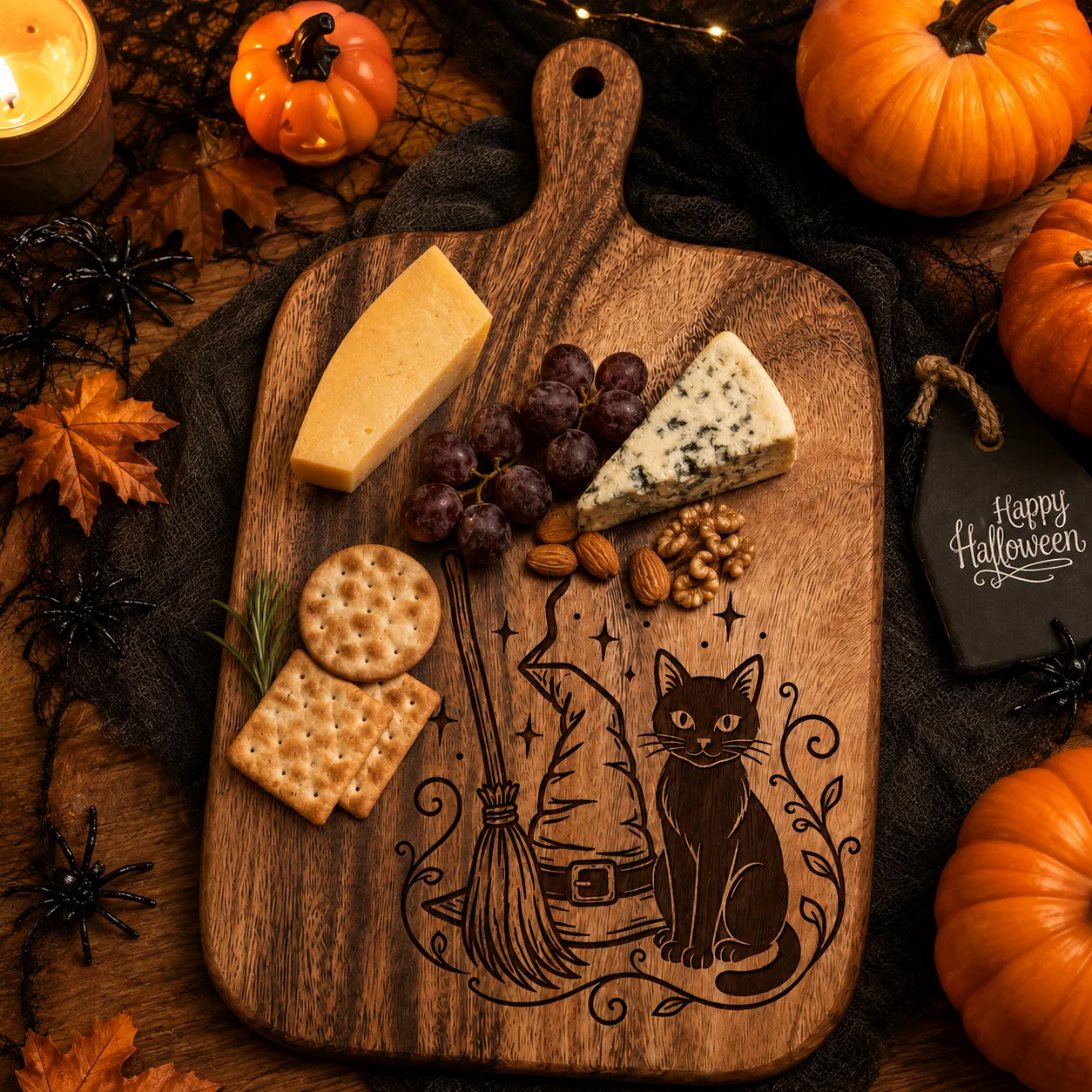2Pcs/1Pc Halloween Wooden Carved Cutting Board Artistic Carved Steak Board Tabletop Decorative Cutting Board Stylish Long Handle, Made of Solid Wood, Used for Cutting Meat, Cheese, Bread, Vegetables, and Fruits - Deli Board, Cheese Serving Board, Perfect for Food Slicing and Presentation, Portable Camping Cutting Board, a Must-Have for Modern Home and Country Kitchens Mother's Day Gifts, Wedding Season Kitchen Supplies