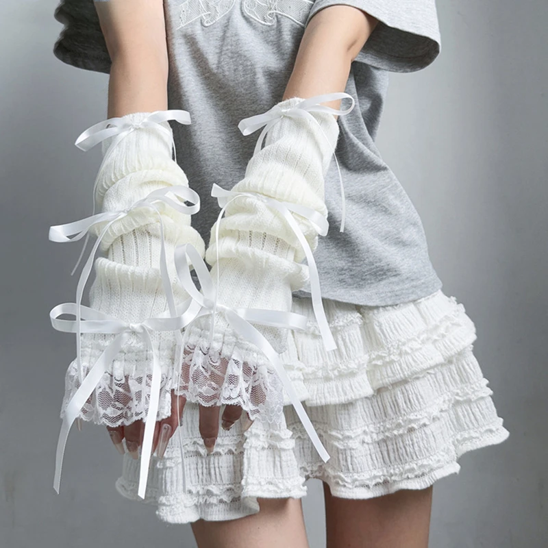 العصرية الحلو متماسكة القوس أكمام أذرع تبريد الديكور الدافئة قفازات طويلة أصابع انفصال اليد الأكمام للفتيات لوليتا اكسسوارات