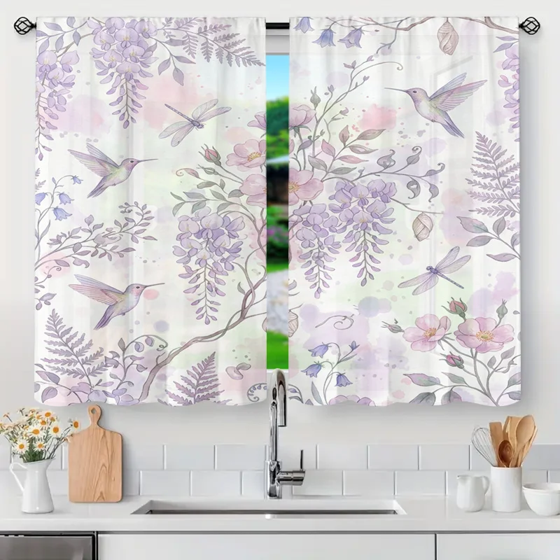 Decorative Watercolor Floral Butterfly Curtains Purple Lilac Spring Botanical Light Filtering Drapes for Kitchen Window Home Dec