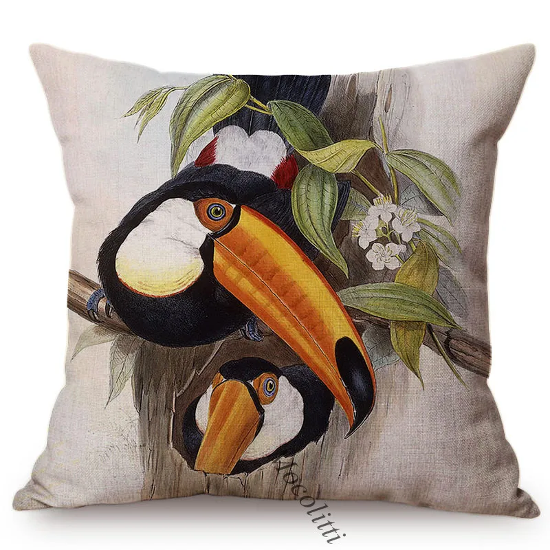 Toucans Nordic Water Color Birds Painting Art Home Decoration Square Cushion Cover Cotton Linen Bedroom Sofa Throw Pillows Cover
