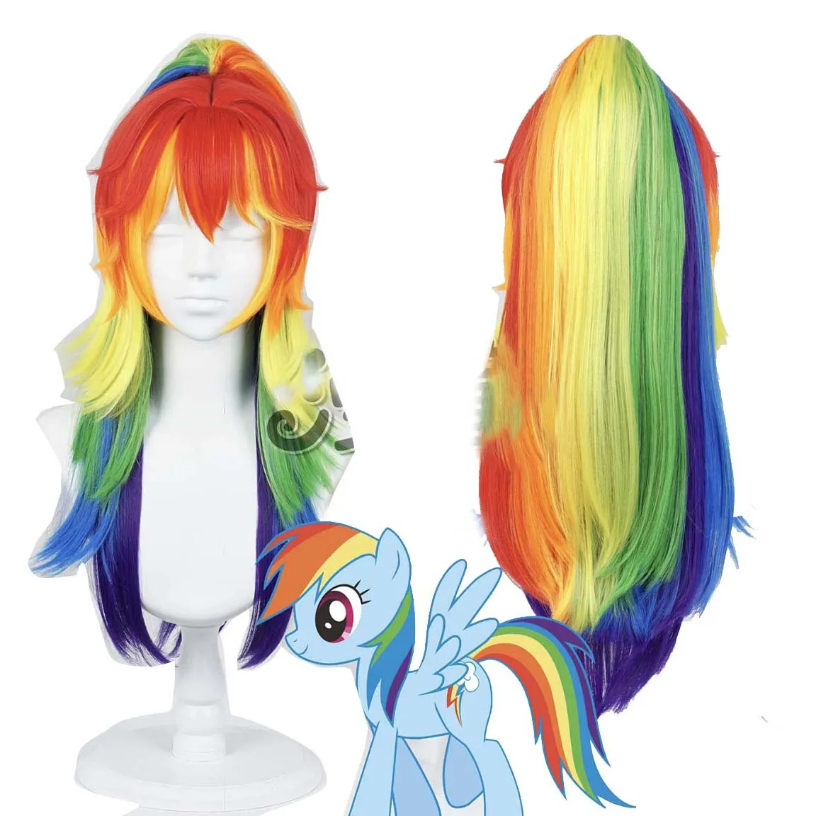 Women Anime Rainbow Dash Colorful Ponytail Heat Resistant Synthetic Hair Wig