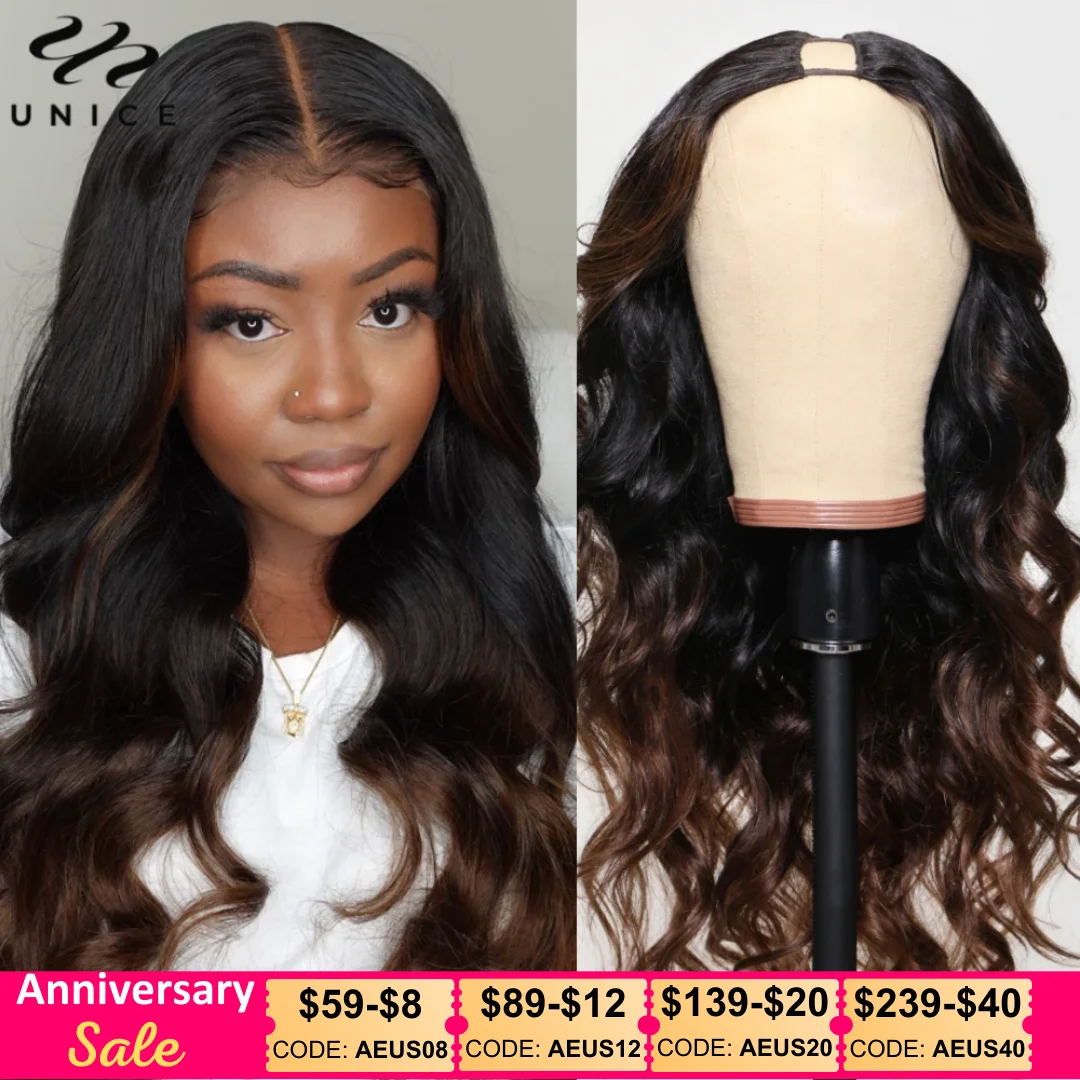 Unice Hair Chestnut Brown Body Wave V Part Wig 100% Human Hair Wig Mini Leave Out EasiContour V Part Wig With Elastic Drawstring