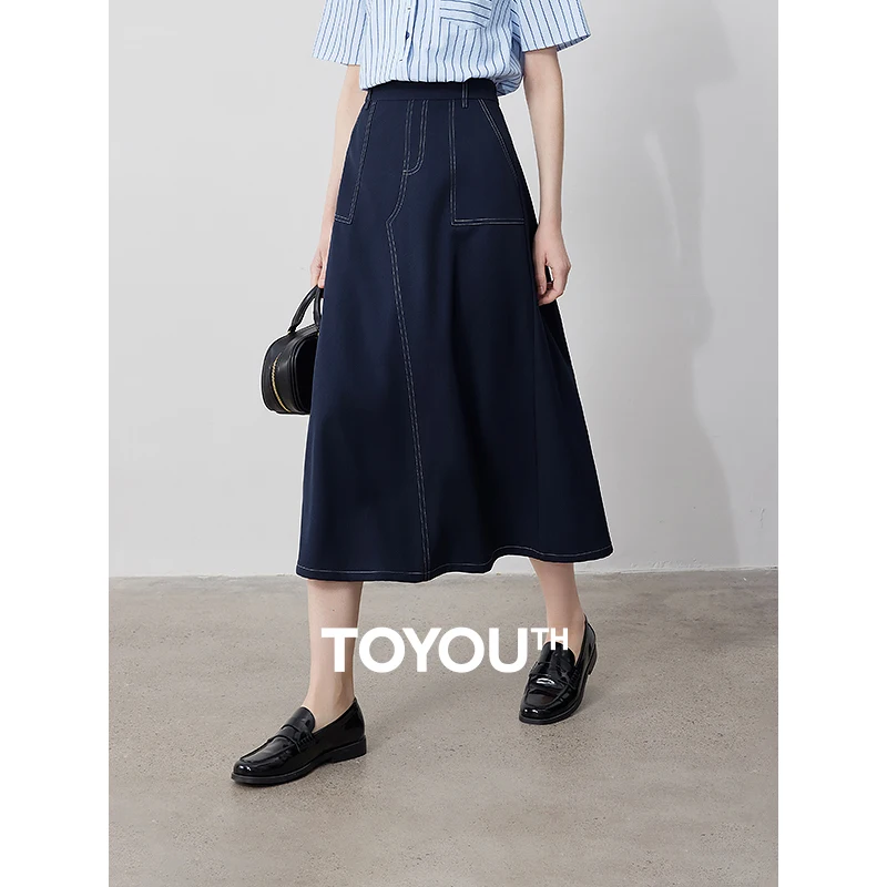 

TOYOUTH Women Skirt 2024 Summer New Pear Shaped Ankle Length Pocket Working Wear A-line Midi Skirt