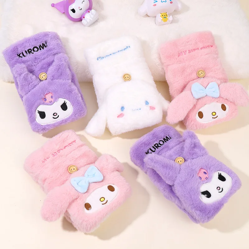 Sanrio Cute Cinnamoroll Warm Gloves for Women Windproof Anti-Cold Winter Gloves Cute Flip Cover Half-Finger Gloves