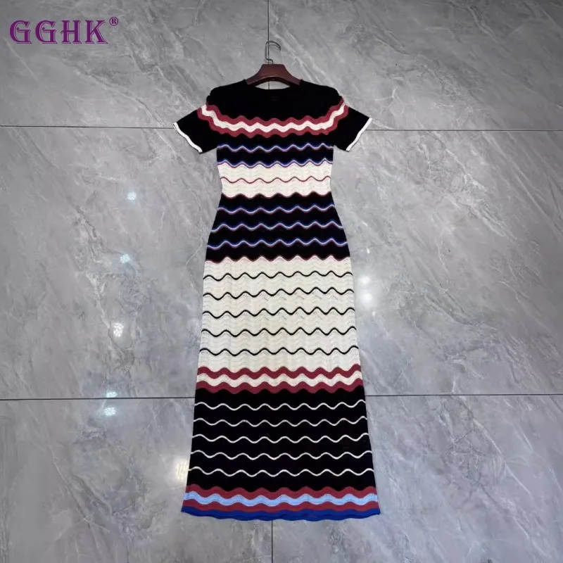 GGHK French Elegant Women Dress 2025 Spring Summer New Round Neck Short-sleeved Color Collision Striped Loose Stretch Dresses