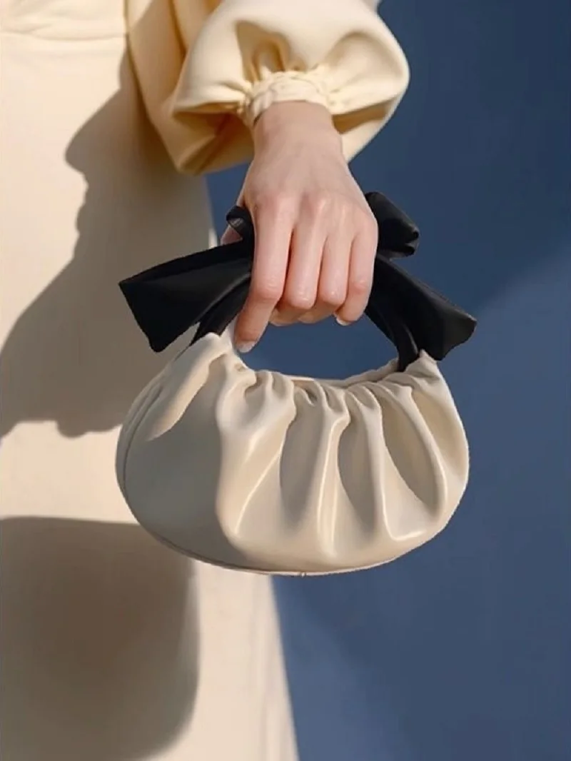 New Women'S Handbag Texture French Niche Pleated Small Bag Cute Bow Cloud Clutch Female Fashion Totes Purse Decor ﻿
