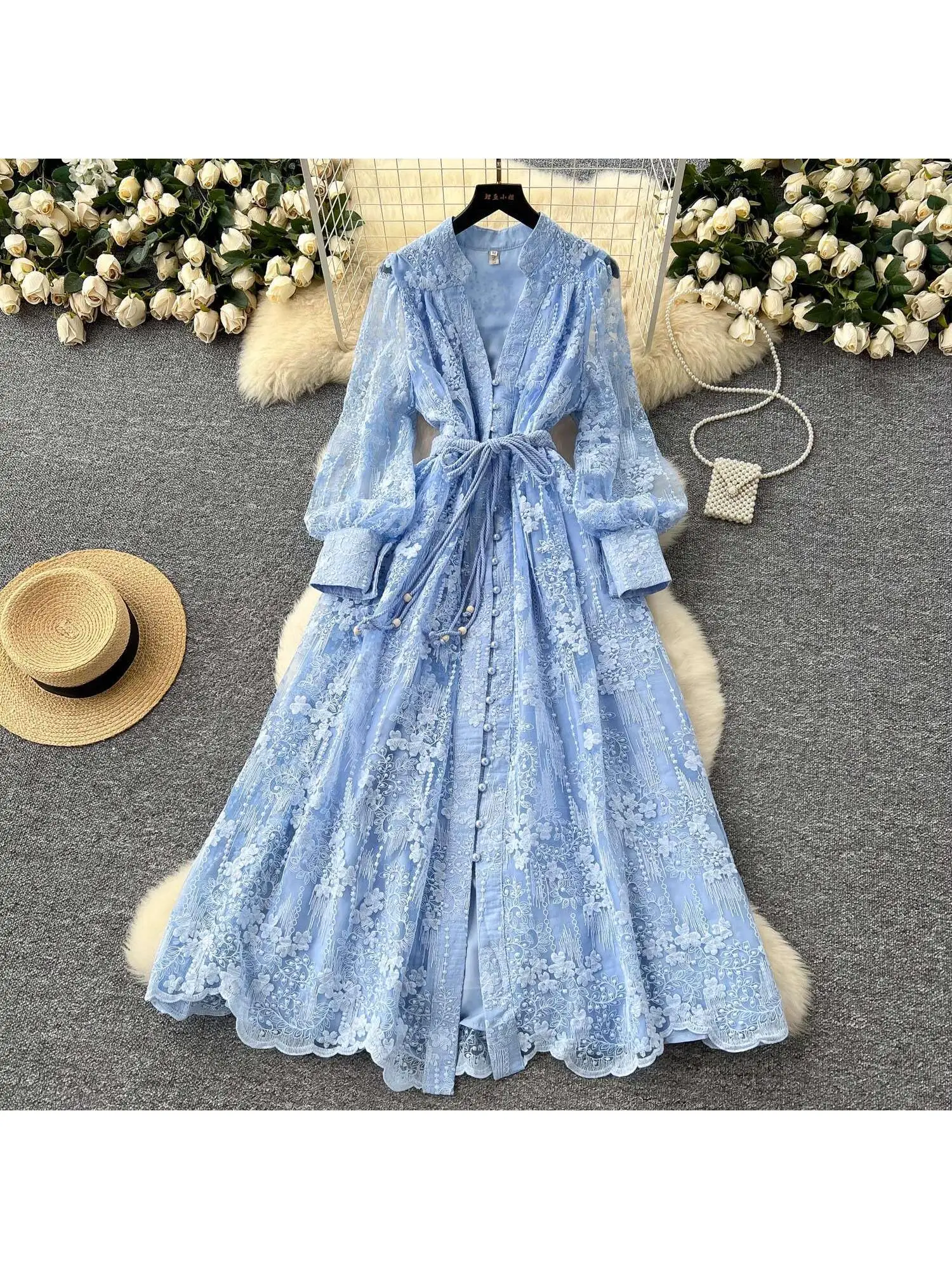 Luxe Borduren Formele Jurken Vrouwen Zomer Herfst Lantaarn Lange Mouw Kant Vestidos Parel Prom Avond Verjaardag Jurk Party - afbeelding 2