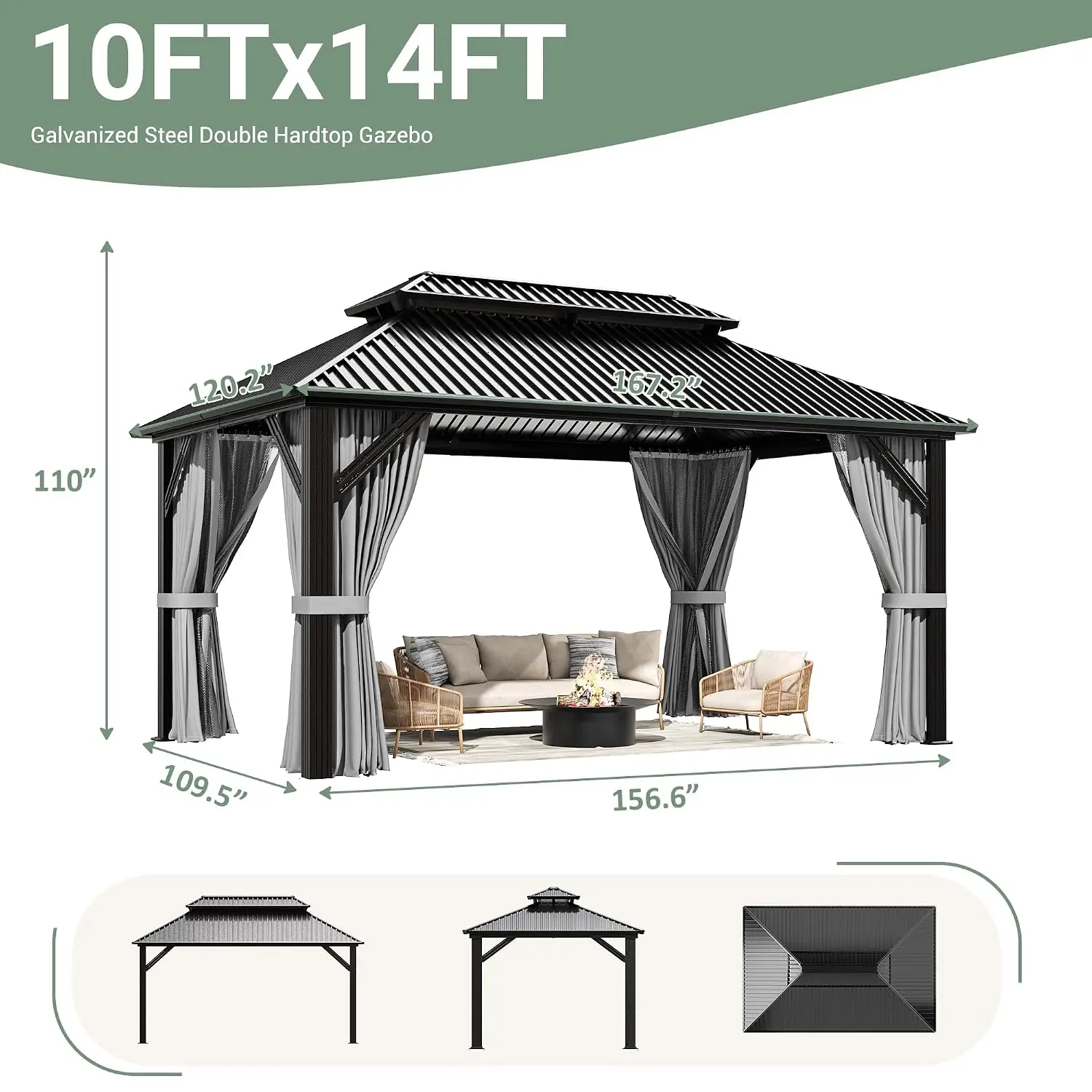 10'x14' Hardtop Aluminum Gazebo with Curtains & Netting Dark Grey | Heavy-Duty Aluminum Frame, Double Galvanized, Customized