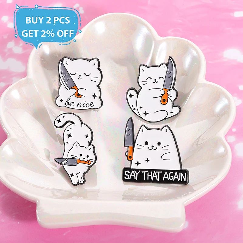 Cute Cat Enamel Pins SAY THAT AGAIN Danger Metal Brooches Fashion Lapel Badge Backpack Clothes Jewelry Gift for friends