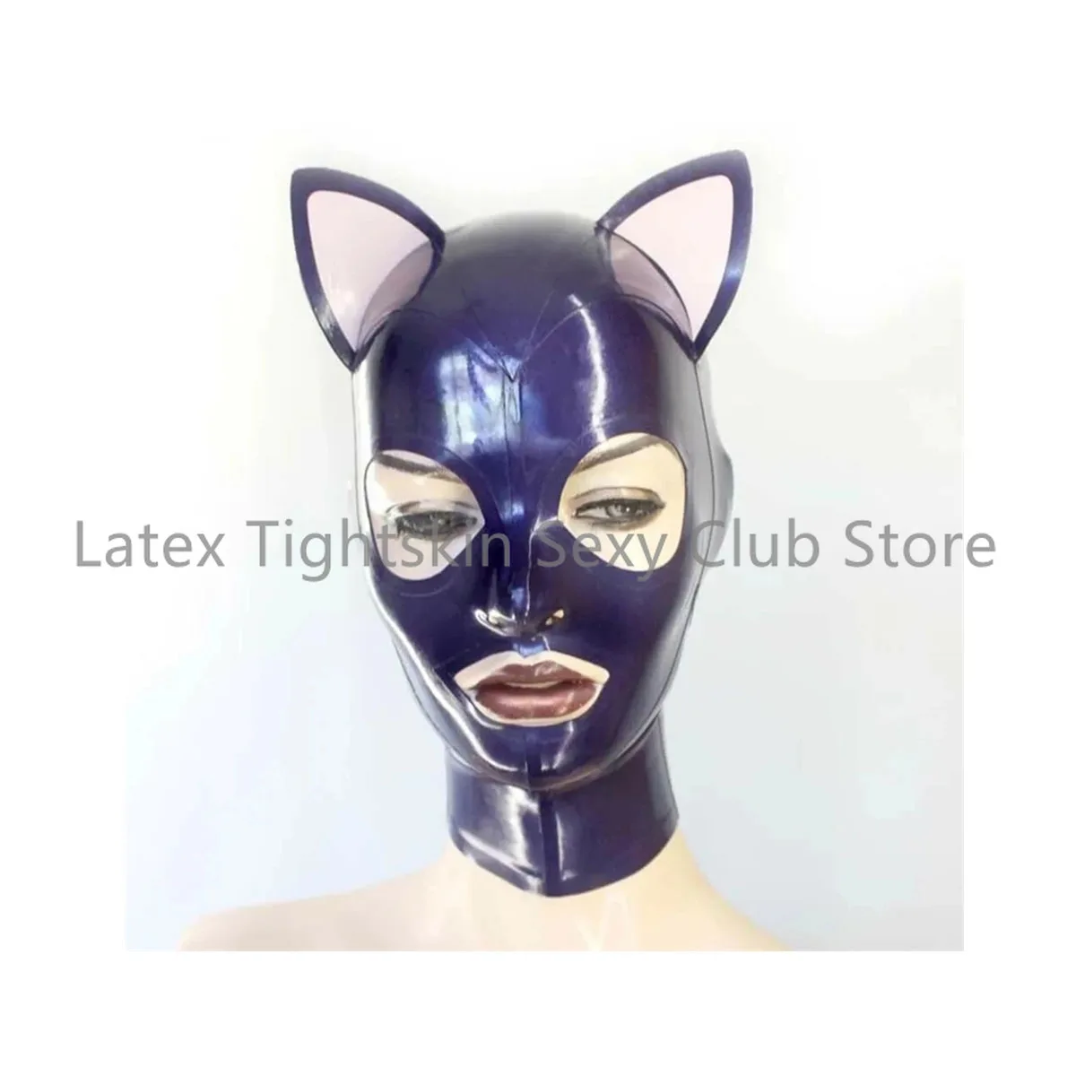 Latex Mask Cat Ear Shackles Rubber Hoods Sexy Fetish Back Zip Cosplay Party Clubwear for Women