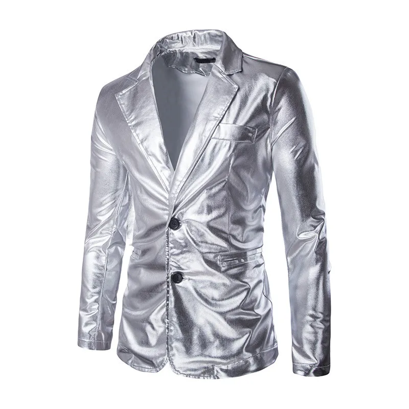 Fashion Reflective Fabric Two Piece Suit Male Autumn Plus Size Shiny Silver Casual Suit Set Men Slim Fit Suit Blazer 2 Piece Set