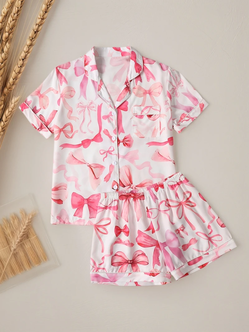 

Ladies' Casual Floral Print Pajama Set Short Sleeve Lapel Top And Elastic Shorts Comfortable For Summer Loungewear And Sleepwear