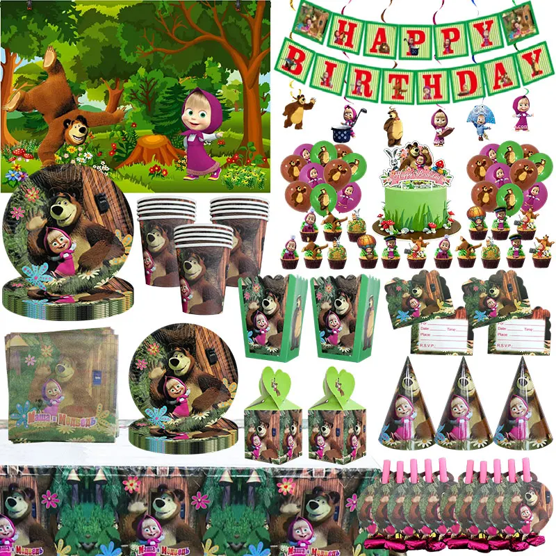 Mascha und der Bär Geburtstagsdekoration Tischgeschirr Becher Teller Tischdecke Ballon Banner Hintergrund Geschenktüten für Kinderparty-Zubehör – Detail 2