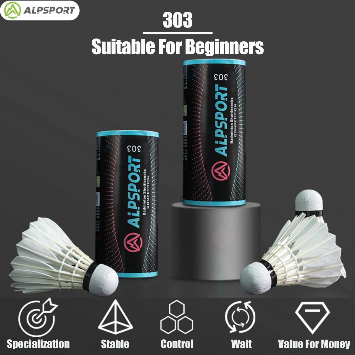 ALPSPORT White Goose Feather Badminton Shuttlecock, 303 Model, Smooth Speed for Training, 3/6/9 Tubes Suitable For Beginners