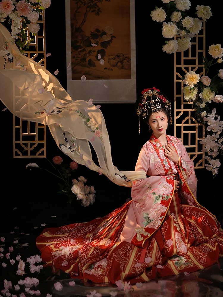 

Original Hanfu Women's Tang Official round Ne irt Open Collar Narrow Arm Large Sve Embroidered Waist Skirt Flower Danc...