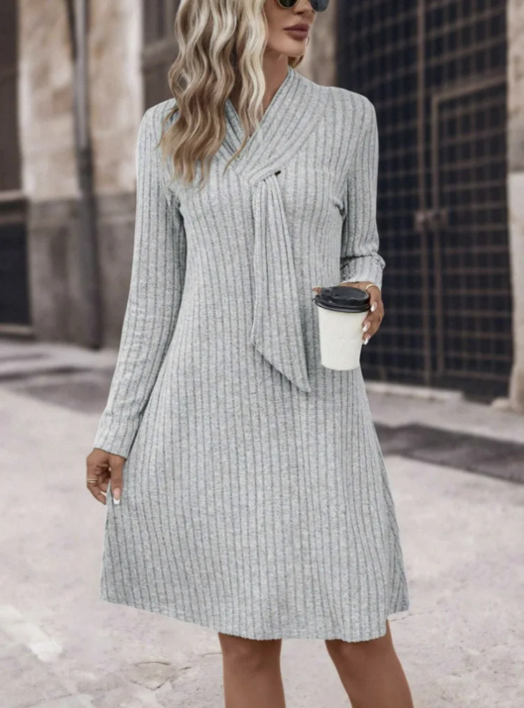 Grey Long Sleeves Dress Female Autumn Winter New High-grade Cinched Waist Slim Elegant Knit Dresses 2024 Trend Oversized