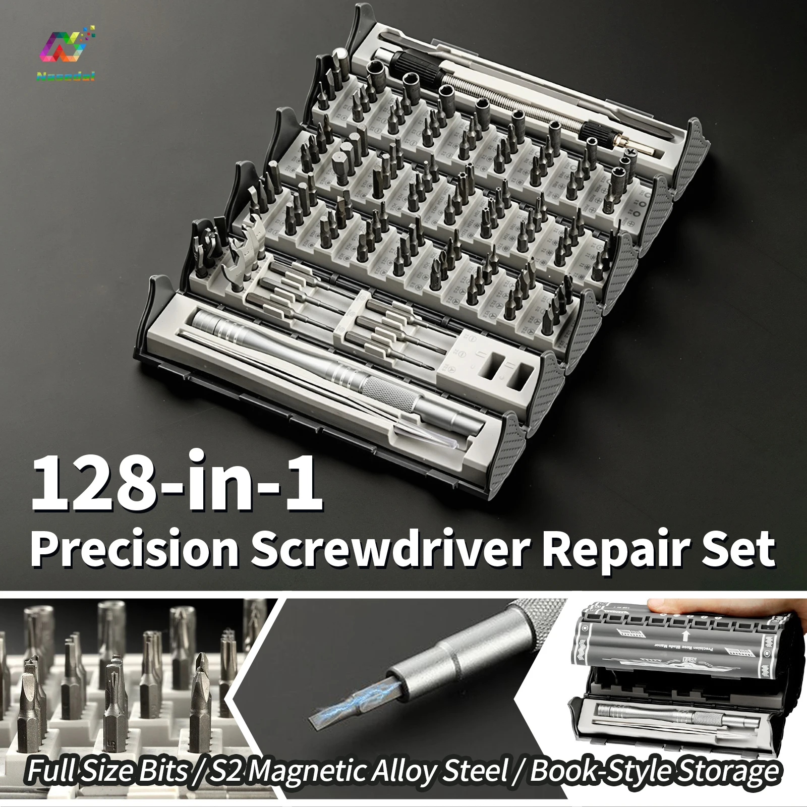 

128-in-1 Precision S2 Steel Screwdriver Kit Magnetic Bits Book Storage Phone Laptop Watch PC Game Console Electronic Repair Tool